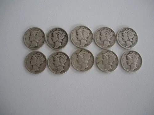 [Lot of 10] Mercury Dimes 1917-1944 90% Silver Good details remaining