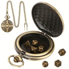 Pocket watch case with gear pattern, pendant chain, 7 metal polyhedral dice