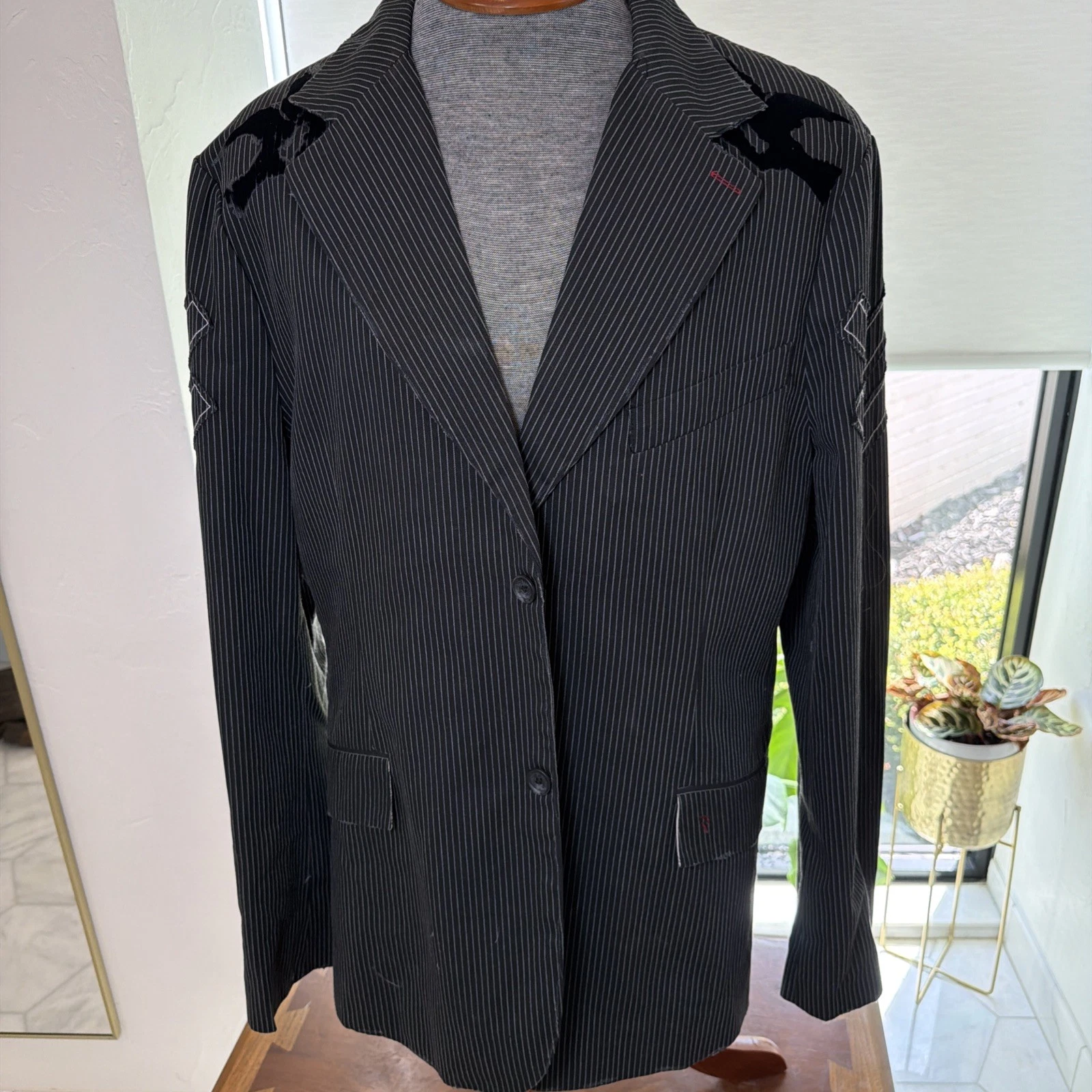 Roar Blazer Mens 2XL Y2K Pinstripe Embroidered Biker Goth Rocker Map Lining - product detail image 3