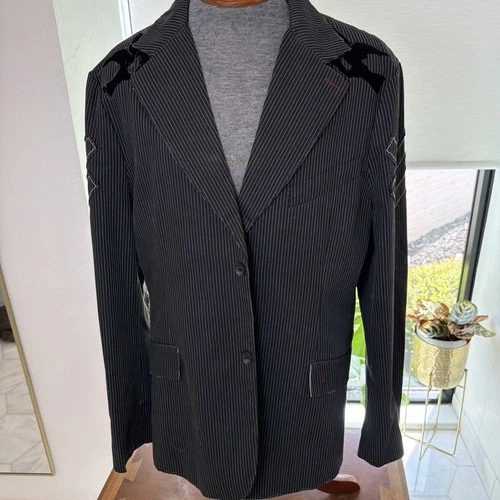 Roar Blazer Mens 2XL Y2K Pinstripe Embroidered Biker Goth Rocker Map Lining image 3