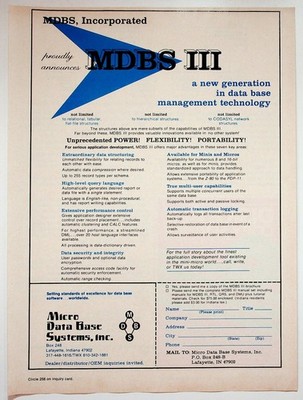 Micro Data Base Systems MDBS III Vintage Print Advertisement Data Tech