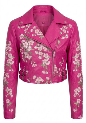 Women s Hot Pink Real Leather Biker Jacket with Cherry Blossom Floral Patches