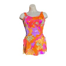 Vintage JANTZEN Orange Floral ONE-PIECE SKIRTED SWIMSUIT Beach Pool Womens 12