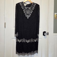 Vtg 80s Silk All Over Beaded Dress Art Deco 20s Flapper Black Evening Glam L