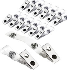 30Pcs Metal Badge Clips with Clear PVC Straps, Premium Double Hole Silver