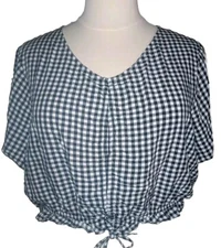 NWT SO Goods For Life Womens Plus 3X Plaid Short Sleeves Black White Crop Top 