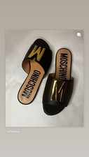 moschino black logo plaque flat mule slides size 38