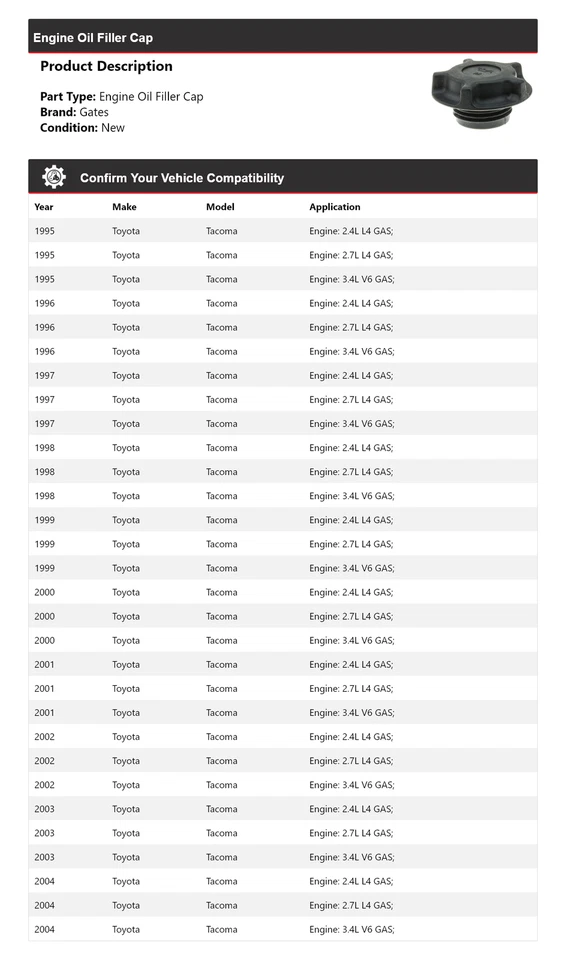Puertas tapa llenado aceite motor Toyota Tacoma 1995-2004 1996 1997 1998 1999 2000 Foto 2 de 4
