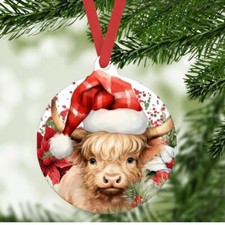Highland Cow Round Christmas Tree Ceramic Ornament Handmade