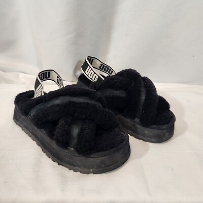 UGG BLACK DISCO CROSS SHEEPSKIN FLUFF SLIDE