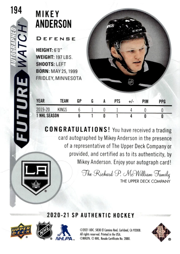 Mikey Anderson - 2020-21 SP Authentic Future Watch Rookie Auto /999 Card #194 - Image 2 of 2