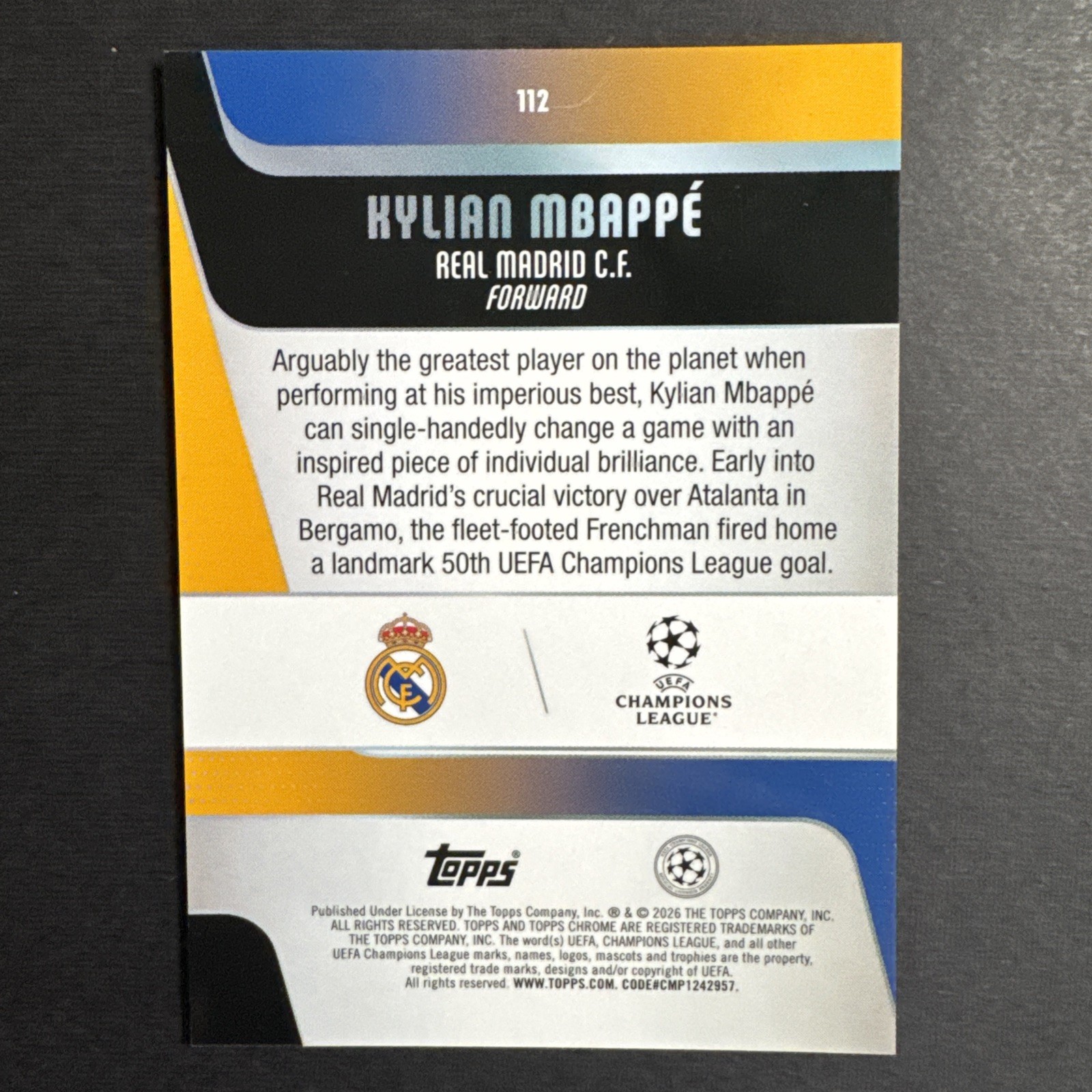 2025-26 Topps Chrome UEFA Club Competition- Kylian Mbappe AQUA DIAMOND /199 view 3