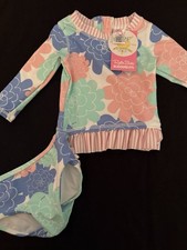 RUFFLEBUTTS Baby SWIMSUIT 6-12 month Pink Stripe Palm Flamingo RASH GUARD 2 PCE