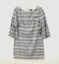 NWT Vince Camuto Blue White Stripe Embroidered Shift Dress Tassel Hem Size 6