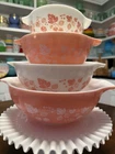 Vintage Pyrex Pink gooseberry Cinderella mixing bowl Set 441-444