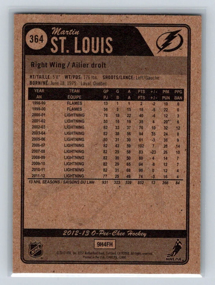 2012 O-Pee-Chee #364 Martin St. Louis   Tampa Bay Lightning - Image 2 of 2