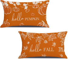 Fall Throw Pillow Covers, 12x20 Inch Set of 2 Autumn Seasonal Hello Fall Pumpkin