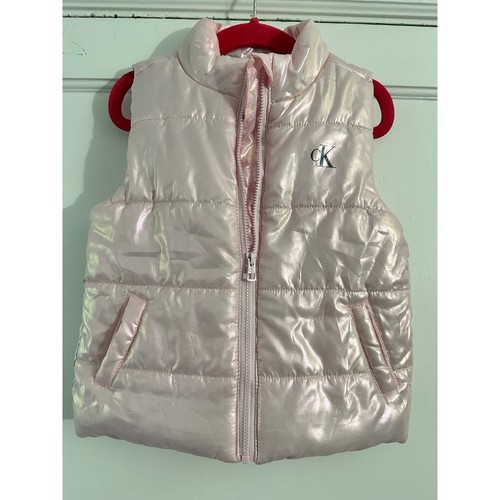 Calvin Klein Jeans Girls 2T Metallic Pink Puffer Vest Logo Tape Mock Neck Zip Up