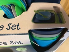 Your Zone 24-Piece Plastic Kids Dinnerware Set with 4 Trays, Bowls, Plates