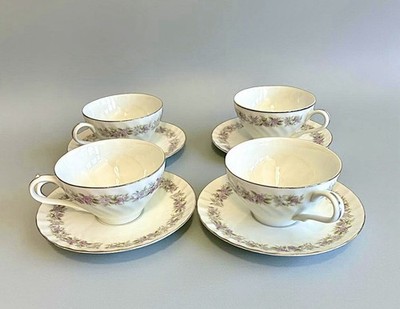 Danisco Teahouse Rose Fine China Teacup & Saucer Pink Rose Platinum Trim Set Of4