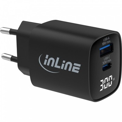 InLine  USB PD Netzteil, GaN Ladegerät, QC, USB-C  + USB-A, 30W, mit Display