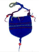 Boho Wool Felted Bright Blue Stripe Red Hearts Hand Made Open Purse Handbag