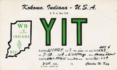 1954 QSL: W9YIT   Charles W. Kay   RR 6 Box 93B   Kokomo, Indiana