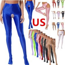 US Women Glossy Cutout Pantyhose High Waist Crotchless Tights Stretchy Stockings