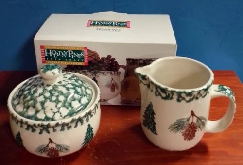 Vintage Tienshan Folk Craft Holiday Pines Sugar Bowl and Creamer Set