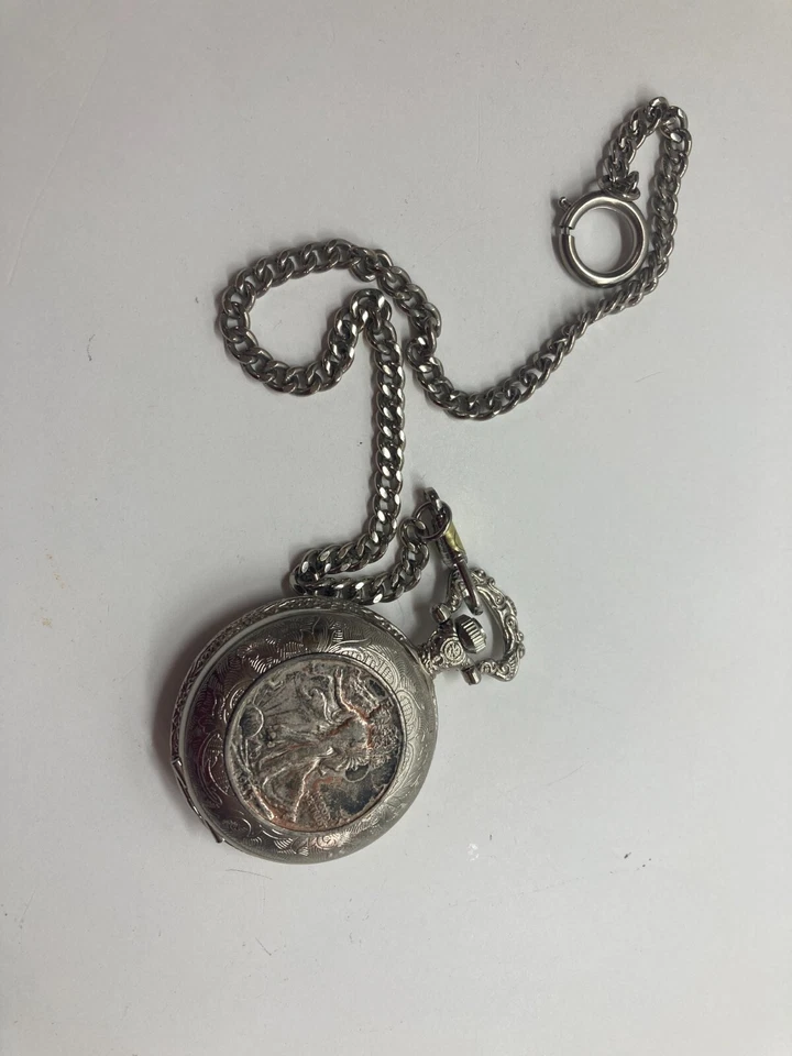 Lafayette Silver Liberty Half Dollar Silver Tone Pocket Watch Quartz with Stand - Image 2 of 4