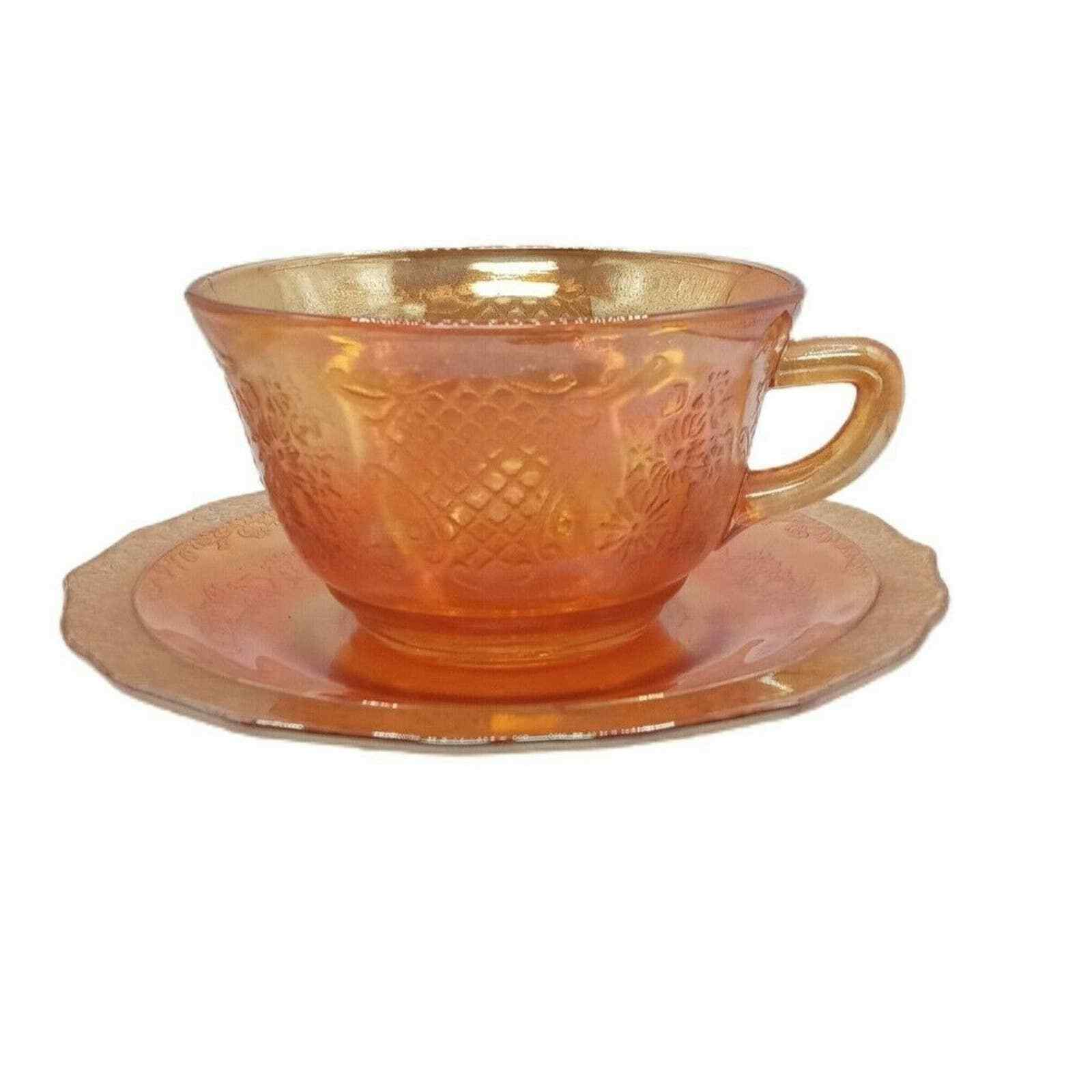 Carnival Glass Cup and Saucer Marigold Bouquet Floral Lattice Pattern
