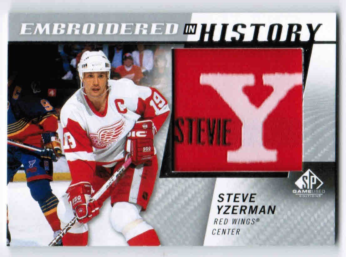Steve Yzerman #72 Hockey Cards 2021 SP Game Used Embroidered in History trading card — raw and PSA graded price guide