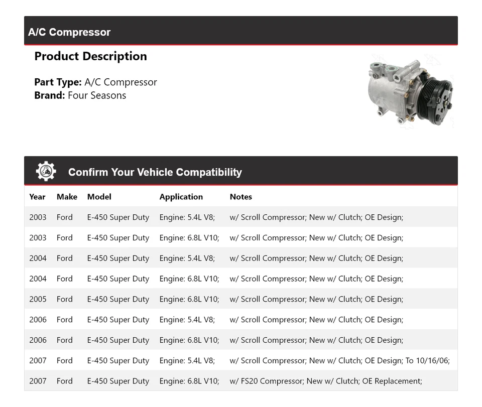Compresor de aire acondicionado para Ford E-450 Super Duty 2003-2007 4 estaciones 2004 2005 2006 Foto 2 de 4