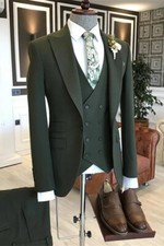 Men's Suit Green Peak Lapel Slim Fit Formal Business Groom Party Tuxedo Wedding