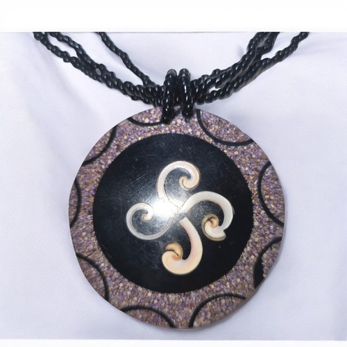Black & Brown Stone Medallion Disk Shell Inlay Pendant 18" Seed Bead Necklace - Picture 2 of 4