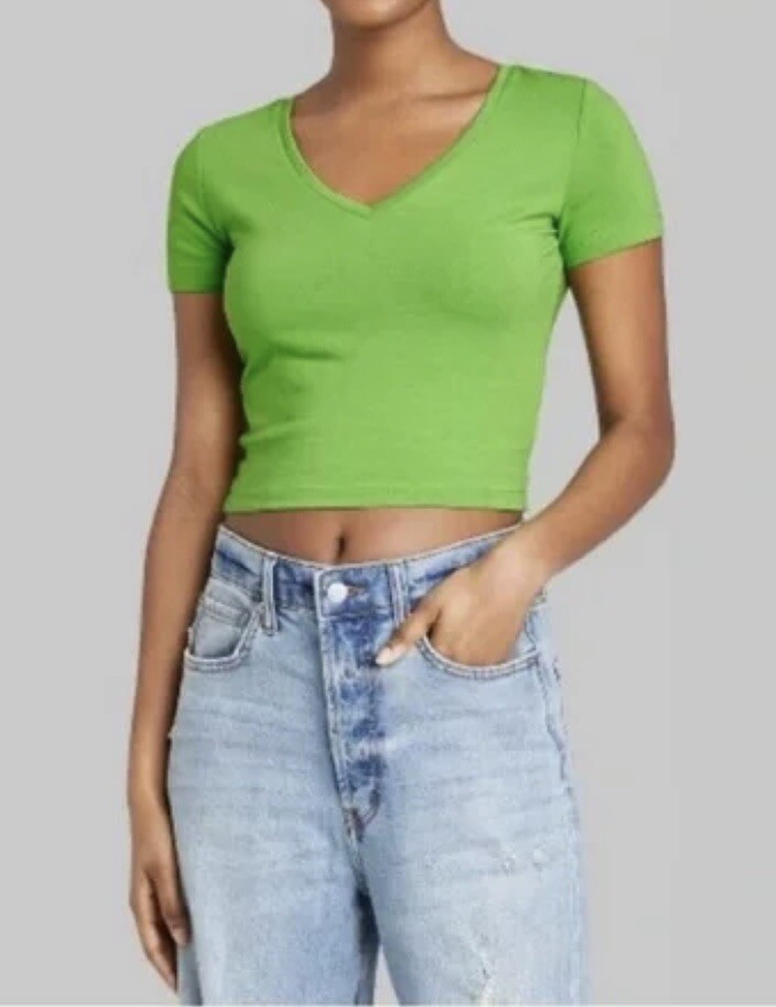 New Lime Green crop top Short Sleeve VNeck Cropped TShirt Wild Fable
