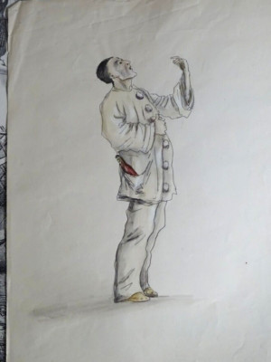 SUPERB DESSIN XIX PIERROT THEATRE Commedia dell'arte dlg MAURICE SAND 1900