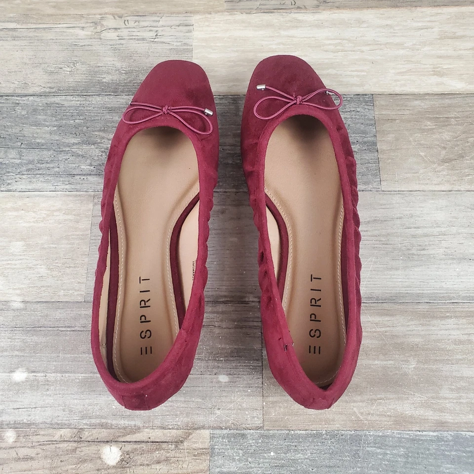 Sandalias planas de ballet Esprit Narissa para mujer talla 7,5 M borgoña gamuza moño sin cordones Foto 4 de 4