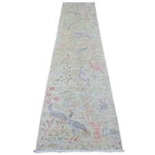 2'6"x11'4" Green Peshawar Birds Design Hand Knotted Soft Wool Runner Rug R20854