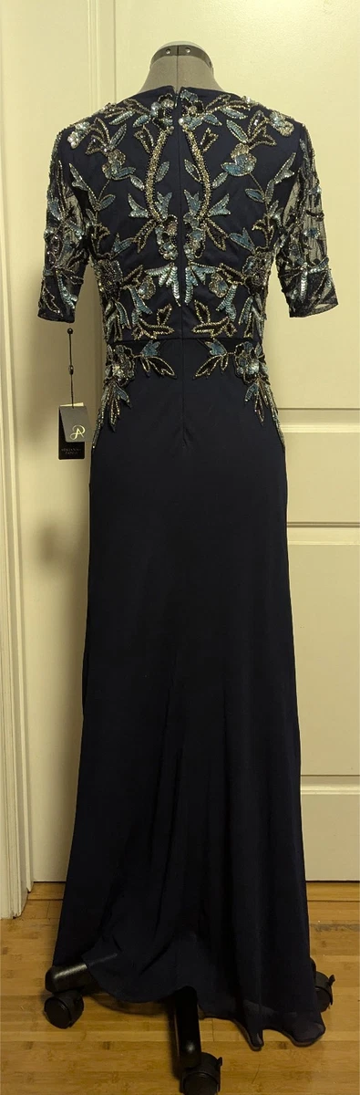 Nuevo con etiquetas Vestido Formal Adrianna Papell Malla Con Cuentas Gasa Talla 2 Azul Marino Maxi