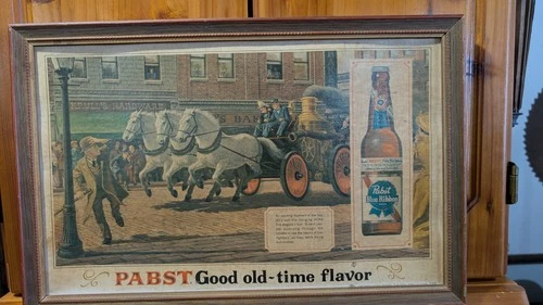 VINTAGE PABST BLUE RIBBON BEER CARDBOARD FRAMED BAR SIGN  FIRE ENGINE (P.B.R.)