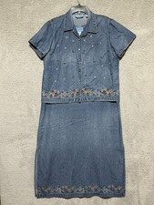Vintage Jane Ashley Maxi Jacket Dress Womans XL Embroidered Flowers Blue Denim