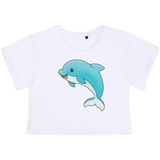 'Blue Baby Dolphin' Women's Cotton Crop Tops (CO048500)