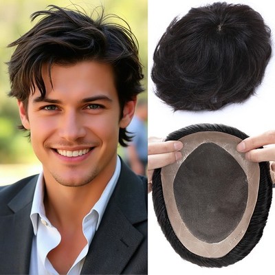 Mens Toupee Human Hair System Mono PU Full Lace Thin Skin Hair Piece Replacement