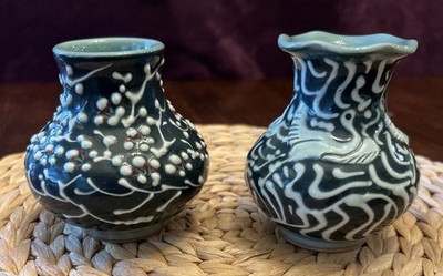 Set Of 2 Mini Celadon Vase Raised Relief Crane, Branches Signed