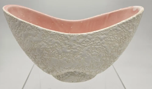 Vintage Shawnee USA Pottery Beige Textured Lava Glaze Oval Planter Pink Interior