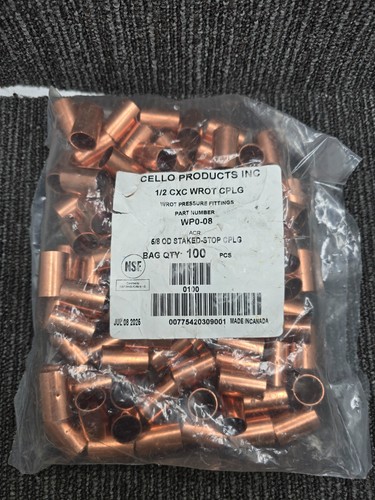 [QTY 100] CELLO WP0-08: 1/2" C x C Wrot Copper Coupling, 6/8 OD Staked-Stop