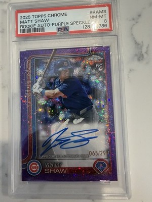 2025 Topps Chrome Matt Shaw RC Auto Purple Speckle /299 PSA 8 Rookie Cubs
