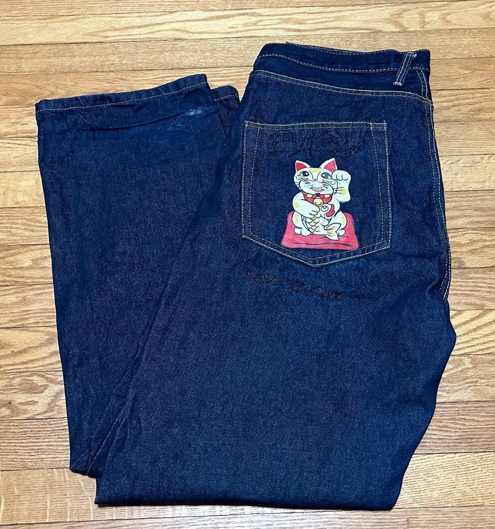 Vtg Y2K Evisu Hip Hop Fortune Cat Baggy Jeans Size 40x34 | eBay