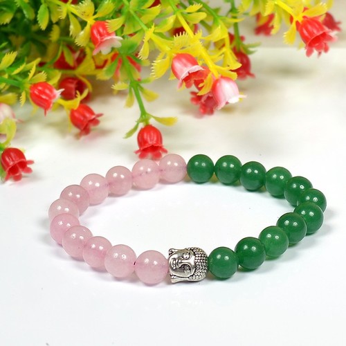 Green Jade Bracelet & Rose Quartz with Buddha Head Charm Bracelets 2.5" Dia, 8MM - Picture 2 of 8
